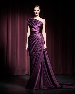 Plum draped evening gown against a deep theatre curtain