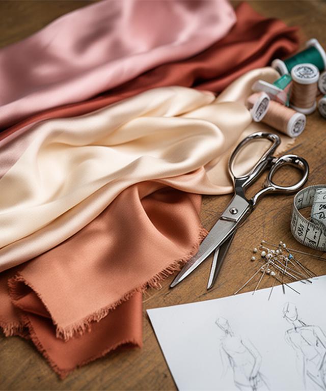 Silk and satin fabric swatches arranged beside scissors on an atelier work table