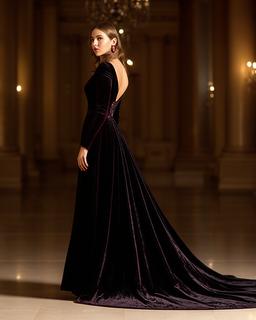 Black velvet gown with a sweeping train in a grand reception room