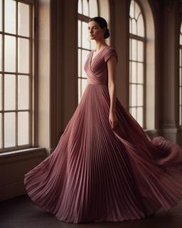 Rose-toned pleated gown displayed beside tall ballroom windows