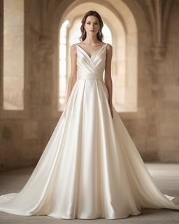 Ivory satin bridal evening gown in a softly lit stone venue